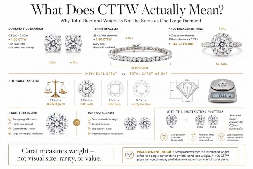 Luxury infographic explaining diamond CTTW meaning, carat total weight calculations, single diamond versus multiple diamond value differences, and how CTW applies to earrings, bracelets, and halo rings.